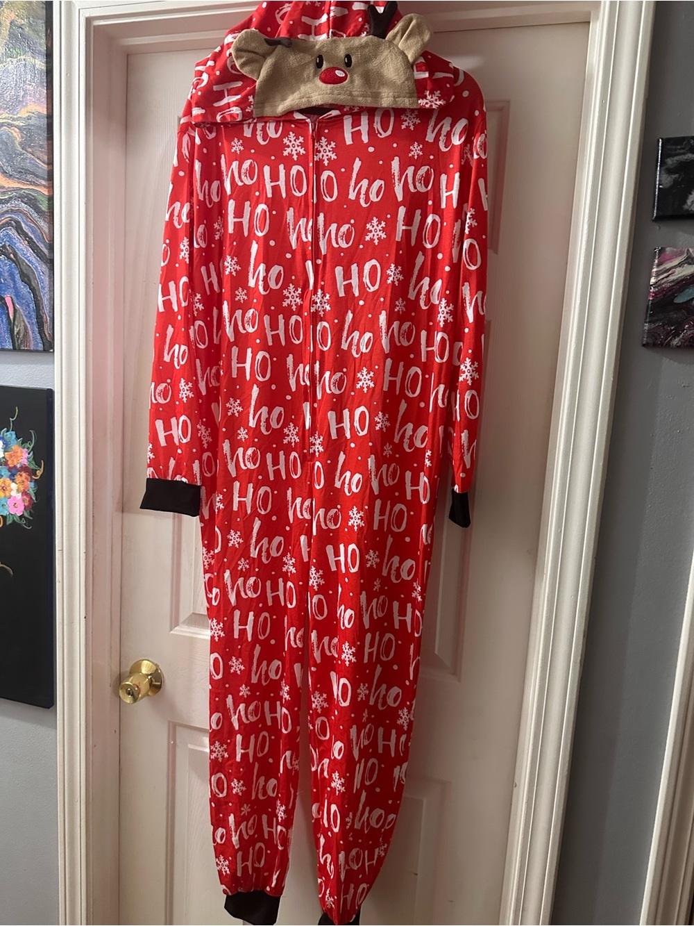 Womens Red 'Ho Ho' Reindeer Hooded Pajama Onesie